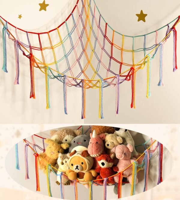 Large Stuffed Animal Hammock Corner Net for Toys Storage Hanging Stuff Animal Organizer Holder Pink Girls Living Room Bedroom Boho Nursery Dorm Decor