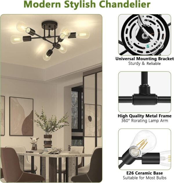 Asnxcju Modern Semi Flush Mount Ceiling Light, 6-Lights Black Sputnik Chandelier for Bedroom Lighting, Industrial Kitchen Light Fixture Ceiling Mount for Dining Room Hallway Living Room, UL Listed