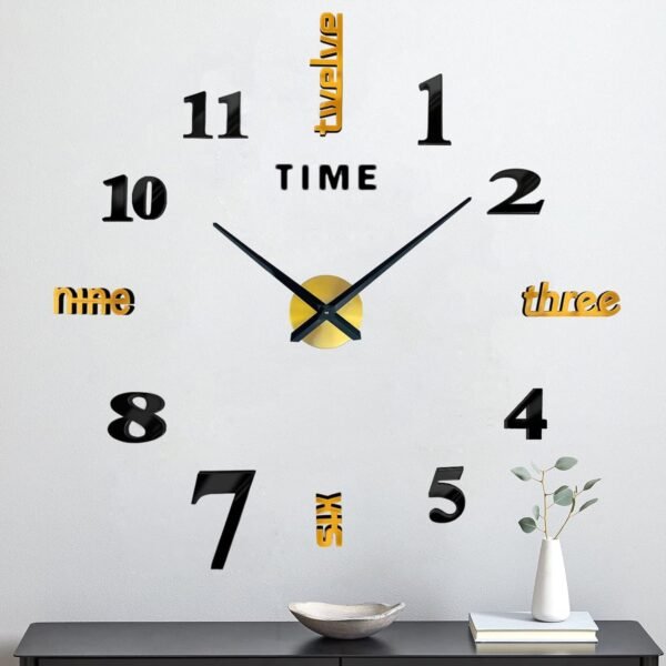 VREAONE Frameless DIY Wall Clock,Large Modern 3D Mirror Sticker kit for Home Living Room Bedroom Office Wall Decorations(Black)