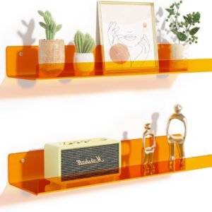 upsimples 4 Pack Acrylic Shelves for Wall Storage, 15" Floating Bookshelves for Kids, Display Shelf Organizer for Bathroom, Bedroom, Living Room, Kitchen, Room Decor, Clear