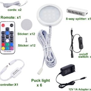 AIBOO RGB Color Changing LED Under Cabinet Lights Kit Aluminum Slim Puck Lamps for Kitchen Counter Wardrobe Counter Furniture Ambiance Christmas Decor Lighting (6 Lights)