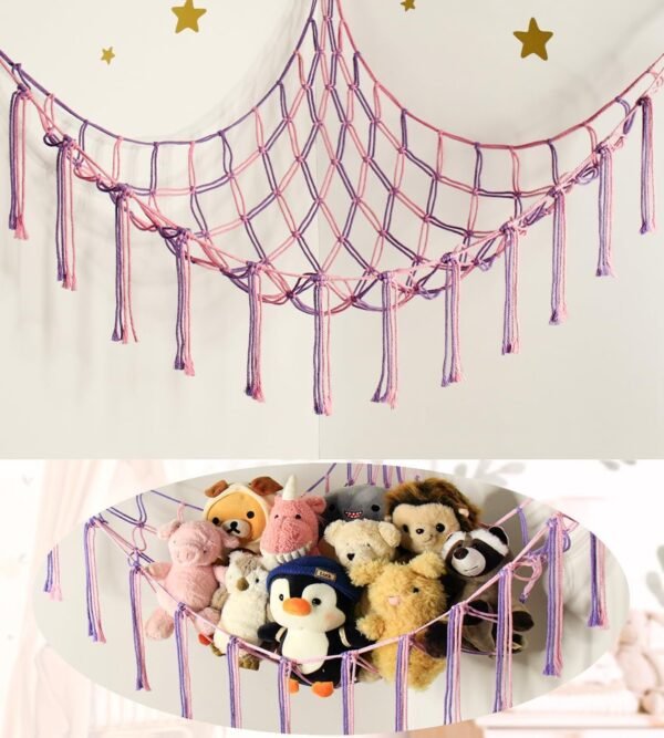 Large Stuffed Animal Hammock Corner Net for Toys Storage Hanging Stuff Animal Organizer Holder Pink Girls Living Room Bedroom Boho Nursery Dorm Decor