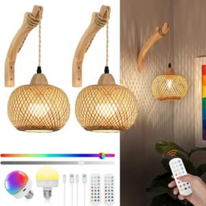 71SYV5A8AML._AC_SL1500.jpg Frideko Bamboo Lantern Plug in Wall Sconces Wicker Wall Lamp with Plug in Cord Hand Woven Rattan Wall Light Farmhouse Rustic Wall Sconces Boho Sconces Wall Lighting for Living Room Bedroom