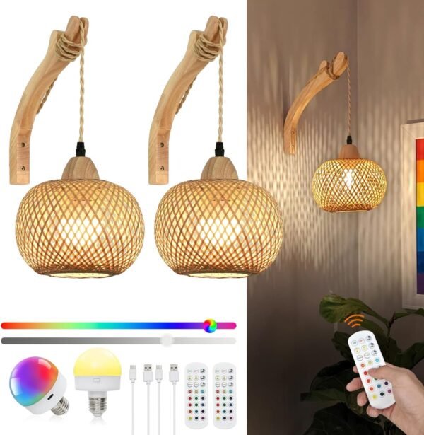 71SYV5A8AML._AC_SL1500.jpg Frideko Bamboo Lantern Plug in Wall Sconces Wicker Wall Lamp with Plug in Cord Hand Woven Rattan Wall Light Farmhouse Rustic Wall Sconces Boho Sconces Wall Lighting for Living Room Bedroom