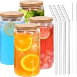 12pcs Glass Cups with Bamboo Lids and Glass Straws Set-16oz Can Shaped Drinking Glasses, Beer Glasses, Iced Coffee Glasses, Cute Tumbler Cup, Ideal for Whiskey,Cocktail,Wine,Gift-2 Cleaning Brushes