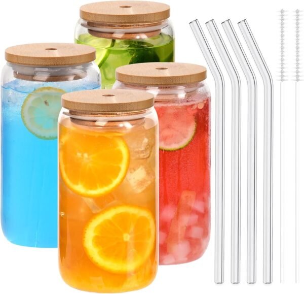 12pcs Glass Cups with Bamboo Lids and Glass Straws Set-16oz Can Shaped Drinking Glasses, Beer Glasses, Iced Coffee Glasses, Cute Tumbler Cup, Ideal for Whiskey,Cocktail,Wine,Gift-2 Cleaning Brushes