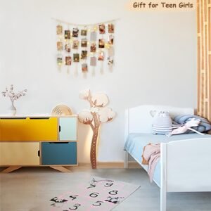 Mkono Macrame Hanging Photo Display Wall Decor with String Lights, Boho Wooden Beads Garland Collage Picture Card Frame Holder with 45 Clips for Bedroom Living Room Dorm, Teen Girl Teenage Gifts