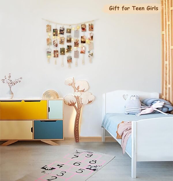 Mkono Macrame Hanging Photo Display Wall Decor with String Lights, Boho Wooden Beads Garland Collage Picture Card Frame Holder with 45 Clips for Bedroom Living Room Dorm, Teen Girl Teenage Gifts
