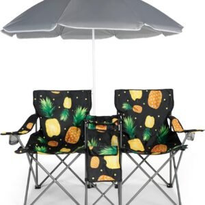 Double Folding Camping Chair W/Umbrella Fold Up Table Beverage Holder Carrying Bag Cooler for Patio Pool Park Outdoor Beach, Picnic, Portable (Grey)