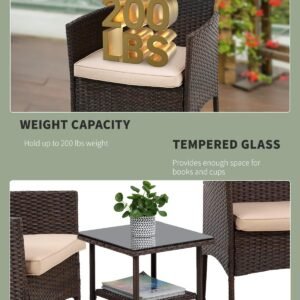 3 Piece Furniture Patio Chairs Wicker Outdoor Rattan Conversation Bistro Set for Backyard Porch Poolside Lawn (Brown)