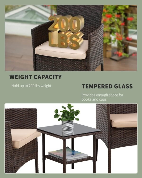 3 Piece Furniture Patio Chairs Wicker Outdoor Rattan Conversation Bistro Set for Backyard Porch Poolside Lawn (Brown)