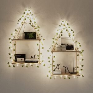 RICHER HOUSE Artificial Ivy LED-Strip Wall Hanging Shelves Set of 2, Macrame Shelf for Bedroom Bathroom Living Room Kitchen, Wood Hanging Plant Shelves for Wall Décor