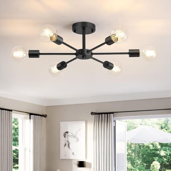 71UusYPGIHL._AC_SL1500.jpg 6-Lights Semi Flush Mount Ceiling Light, Matte Black Close to Ceiling Lighting with E26 Base, Modern Sputnik Light Fixtures for Kitchen Dining Room Bedroom Living Room