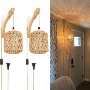 71V3cRnLjvL._AC_SL1500.jpg Frideko Bamboo Lantern Plug in Wall Sconces Wicker Wall Lamp with Plug in Cord Hand Woven Rattan Wall Light Farmhouse Rustic Wall Sconces Boho Sconces Wall Lighting for Living Room Bedroom