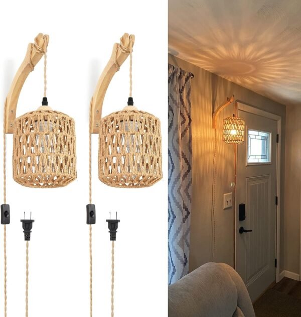 71V3cRnLjvL._AC_SL1500.jpg Frideko Bamboo Lantern Plug in Wall Sconces Wicker Wall Lamp with Plug in Cord Hand Woven Rattan Wall Light Farmhouse Rustic Wall Sconces Boho Sconces Wall Lighting for Living Room Bedroom