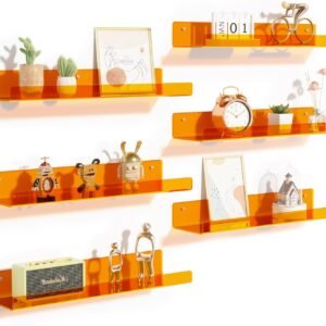 upsimples 4 Pack Acrylic Shelves for Wall Storage, 15" Floating Bookshelves for Kids, Display Shelf Organizer for Bathroom, Bedroom, Living Room, Kitchen, Room Decor, Clear