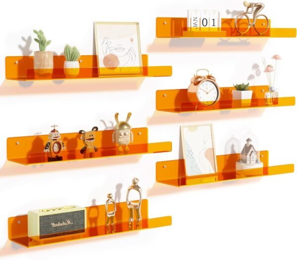 upsimples 4 Pack Acrylic Shelves for Wall Storage, 15" Floating Bookshelves for Kids, Display Shelf Organizer for Bathroom, Bedroom, Living Room, Kitchen, Room Decor, Clear