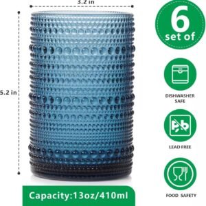 Highball Hobnail Drinking Glasses Set of 6,14 oz Vintage Glasses Drinking set,Glassware Set for Beer, Whiskey, Juice, Cocktail, Milk，Dishwasher Safe，Gift box packaging（Dark blue）
