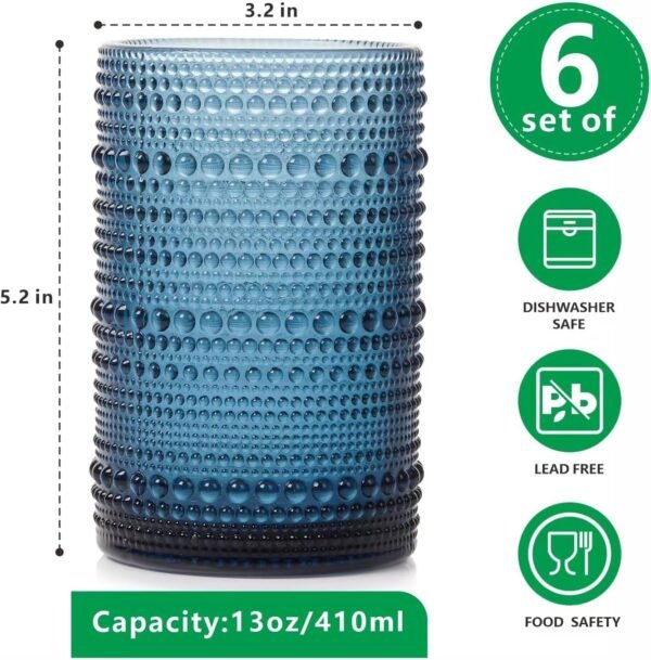 Highball Hobnail Drinking Glasses Set of 6,14 oz Vintage Glasses Drinking set,Glassware Set for Beer, Whiskey, Juice, Cocktail, Milk，Dishwasher Safe，Gift box packaging（Dark blue）