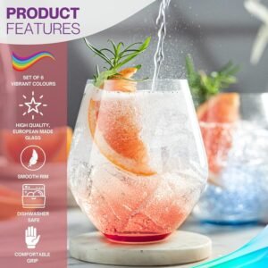 BENETI Premium Stemless Wine Glass | Handmade In Europe | 18oz Colored Stemless Crystal Wine Glasses set 6