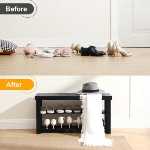 Apicizon Bamboo Shoe Rack for Entryway, 3-Tier Shoe Rack Bench for Front Indoor Entrance, Small Shoe Organizer with Storage, 35.4 Inches, Black