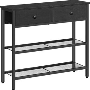 71X8X1T44RL._AC_SL1500.jpg 29.5" Narrow Console Table with 2 Fabric Drawers, Small Entryway Table with 3-Tier Storage Shelves, Thin Sofa Table, Side Table, for Living Room, Hallway, Rustic Brown and Black BF72XG01