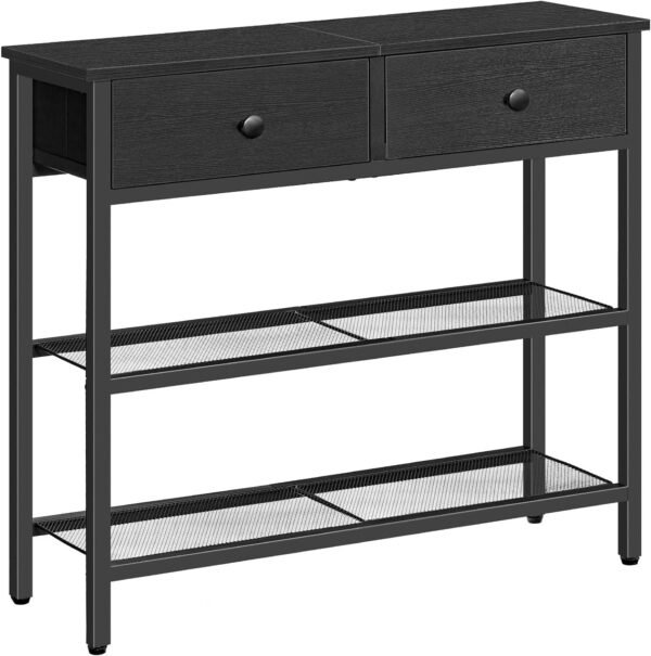 71X8X1T44RL._AC_SL1500.jpg 29.5" Narrow Console Table with 2 Fabric Drawers, Small Entryway Table with 3-Tier Storage Shelves, Thin Sofa Table, Side Table, for Living Room, Hallway, Rustic Brown and Black BF72XG01