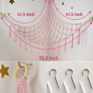 Large Stuffed Animal Hammock Corner Net for Toys Storage Hanging Stuff Animal Organizer Holder Pink Girls Living Room Bedroom Boho Nursery Dorm Decor