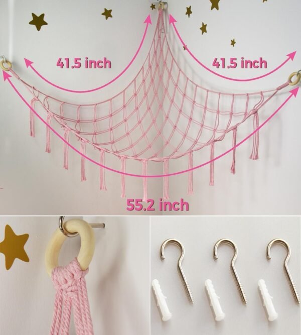 Large Stuffed Animal Hammock Corner Net for Toys Storage Hanging Stuff Animal Organizer Holder Pink Girls Living Room Bedroom Boho Nursery Dorm Decor