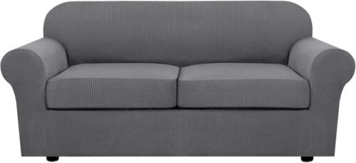H.VERSAILTEX 3 Piece Stretch Sofa Covers for 2 Cushion Sofa Couch Covers for Living Room Furniture Cover (Base Cover Plus 2 Seat Cushion Covers) Thicker Jacquard Fabric(Large Sofa, Grey)