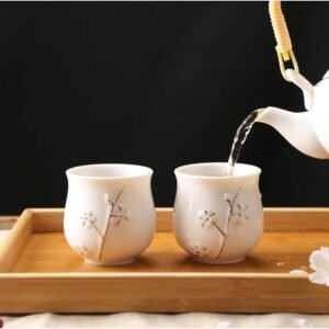 Dujust Japanese White Porcelain Tea Set with 1 Teapot Set, 6 Tea Cups, 1 Tea Tray, 1 Stainless Infuser, Cute Asian Tea Set for Tea Lover/Women/Men (Plum in Golden)