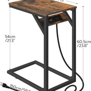 71YGFD_ZA2L._AC_SL1500.jpg HOOBRO C Shaped End Table with Charging Station, Retro Sofa Couch Side Table, Narrow Nightstand for Small Space, Living Room, Bedroom, Rustic Brown and Black BF07USF01