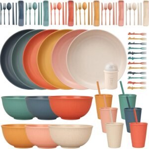71YPk_WrVTL._AC_SL1500.jpg 48 Pcs Dinnerware Sets, Unbreakable Plates and Bowls Sets, Reusable Dinnerware Sets for 4 People, Travel Camping Picnic Home Party Cutlery Set, Dishwasher Microwave Safe Dishes