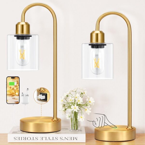 Industrial Touch Table Lamps for Bedrooms Set of 2 - 3-Way Dimmable Nightstand Lamps with USB C+A Ports and Outlet, Black Bedside Lamps with Glass Shade for Living Room, Desk Lamps for Home Office