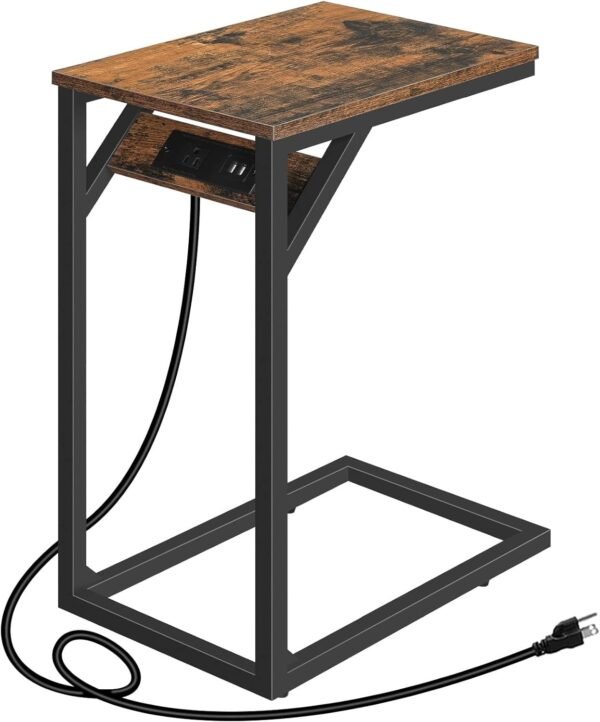 71YxcTm9aZL._AC_SL1500.jpg HOOBRO C Shaped End Table with Charging Station, Retro Sofa Couch Side Table, Narrow Nightstand for Small Space, Living Room, Bedroom, Rustic Brown and Black BF07USF01