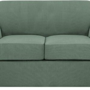 71Z26d-xD1L._AC_SL1500.jpg H.VERSAILTEX 3 Piece Stretch Sofa Covers for 2 Cushion Sofa Couch Covers for Living Room Furniture Cover (Base Cover Plus 2 Seat Cushion Covers) Thicker Jacquard Fabric(Large Sofa, Grey)