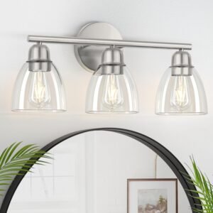 FOLKSMATE 3-Light Bathroom Light Fixtures, Matte Black Modern Vanity Lights, Sconces Wall Lighting with Clear Glass Shade, Wall Mount Lights Wall Lamp