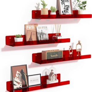upsimples 4 Pack Acrylic Shelves for Wall Storage, 15" Floating Bookshelves for Kids, Display Shelf Organizer for Bathroom, Bedroom, Living Room, Kitchen, Room Decor, Clear