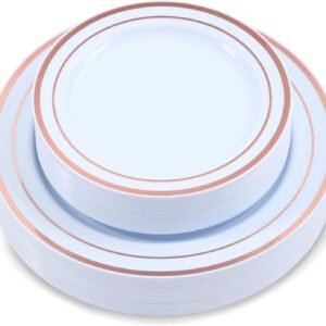 71_pd87dHzL._AC_SL1500.jpg 60-Piece Plastic Plates Set Premium 30 Dinner Plates & 30 Salad Plates Pack, Disposable Plates for Party - White Plastic Wedding Plates with Rose Gold Rim
