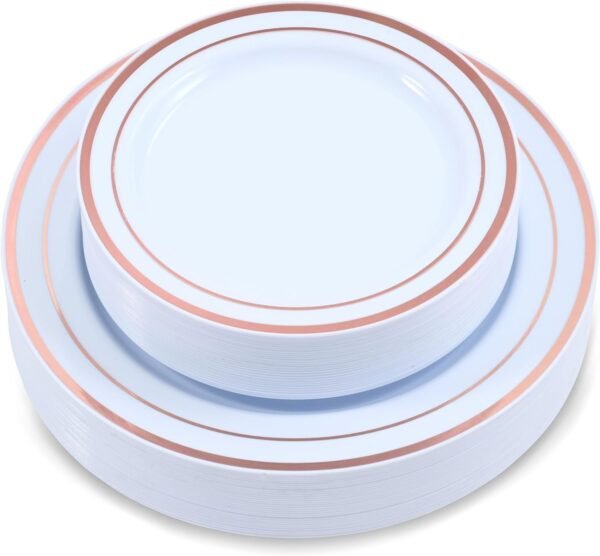 71_pd87dHzL._AC_SL1500.jpg 60-Piece Plastic Plates Set Premium 30 Dinner Plates & 30 Salad Plates Pack, Disposable Plates for Party - White Plastic Wedding Plates with Rose Gold Rim