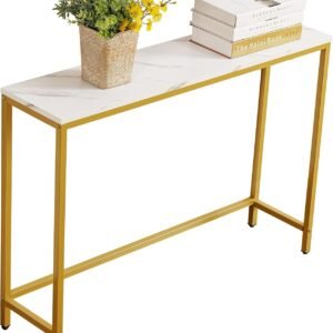 Console Table for Entryway, Faux Marble MDF Sofa Table with Golden Frame (Single Layer, White Marble)