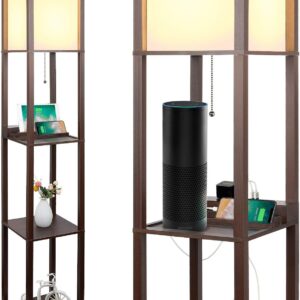 SHINE HAI 3-in-1 Shelf Floor Lamp with 1 USB&Type C&1 AC Outlet, 3-Tiered LED Shelf Lamp, Shelf & Storage Floor Lamp Combination Modern Standing Light