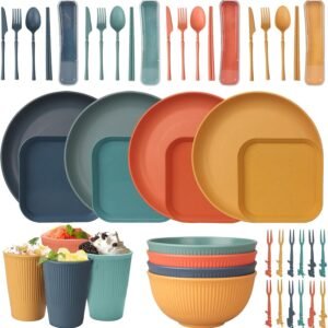 71bEOx1icpL._AC_SL1500.jpg 48 Pcs Dinnerware Sets, Unbreakable Plates and Bowls Sets, Reusable Dinnerware Sets for 4 People, Travel Camping Picnic Home Party Cutlery Set, Dishwasher Microwave Safe Dishes