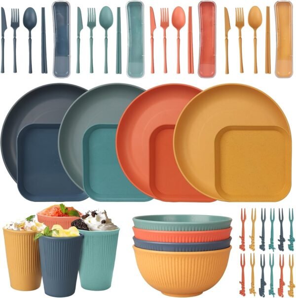 71bEOx1icpL._AC_SL1500.jpg 48 Pcs Dinnerware Sets, Unbreakable Plates and Bowls Sets, Reusable Dinnerware Sets for 4 People, Travel Camping Picnic Home Party Cutlery Set, Dishwasher Microwave Safe Dishes