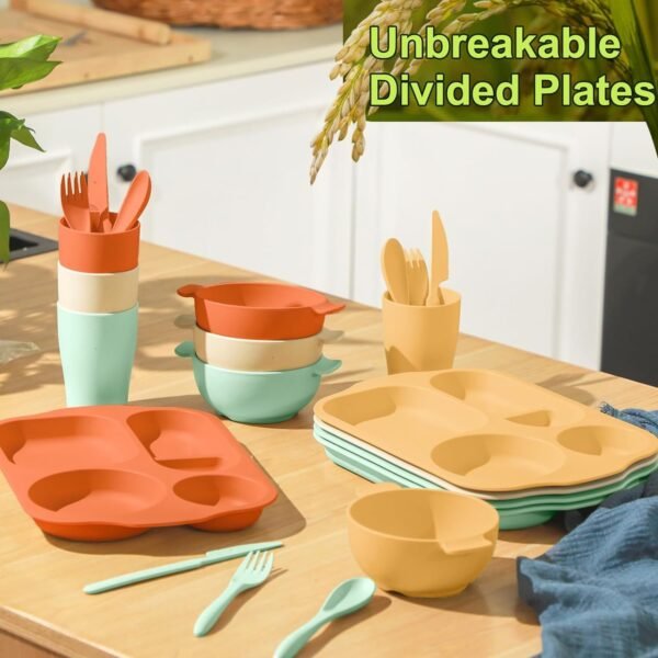 24 Pcs Wheat Straw Dinnerware Cutlery Sets, Kids Toddlers Divided Plates Unbreakable Bowl Microwave Dishwasher Safe Tableware Cutlery Spoon Knife Fork Cup (Orange, Yellow, Beige, Green)