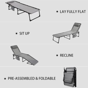 71bcK10jh7L._AC_SL1500.jpg Outdoor Foldable Chaise Lounge Chair with Detachable Pillow & Pocket, Portable Tanning Chair with 4 Position Adjustable Back, Patio, Beach and Pool, Grey