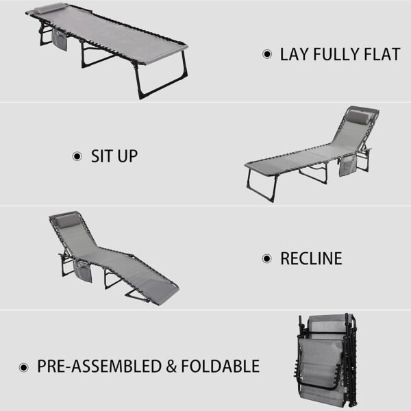 71bcK10jh7L._AC_SL1500.jpg Outdoor Foldable Chaise Lounge Chair with Detachable Pillow & Pocket, Portable Tanning Chair with 4 Position Adjustable Back, Patio, Beach and Pool, Grey