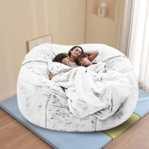71bigW4IRiL._AC_SL1500.jpg Giant Fur Bean Bag Chair Cover for Kids Adults, (No Filler) Living Room Furniture Big Round Soft Fluffy Faux Fur Beanbag Lazy Sofa Bed Cover (Light Grey, 5FT)