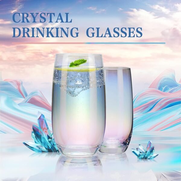 CUKBLESS Iridescent Drinking Glasses Set of 6 - Crystal Highball Water Glasses - Glass Cups for Water, Juice, Beverage, Mojito-15 Oz