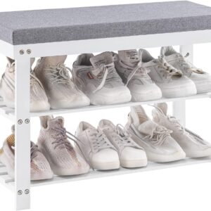 Apicizon Bamboo Shoe Rack for Entryway, 3-Tier Shoe Rack Bench for Front Indoor Entrance, Small Shoe Organizer with Storage, 35.4 Inches, Black